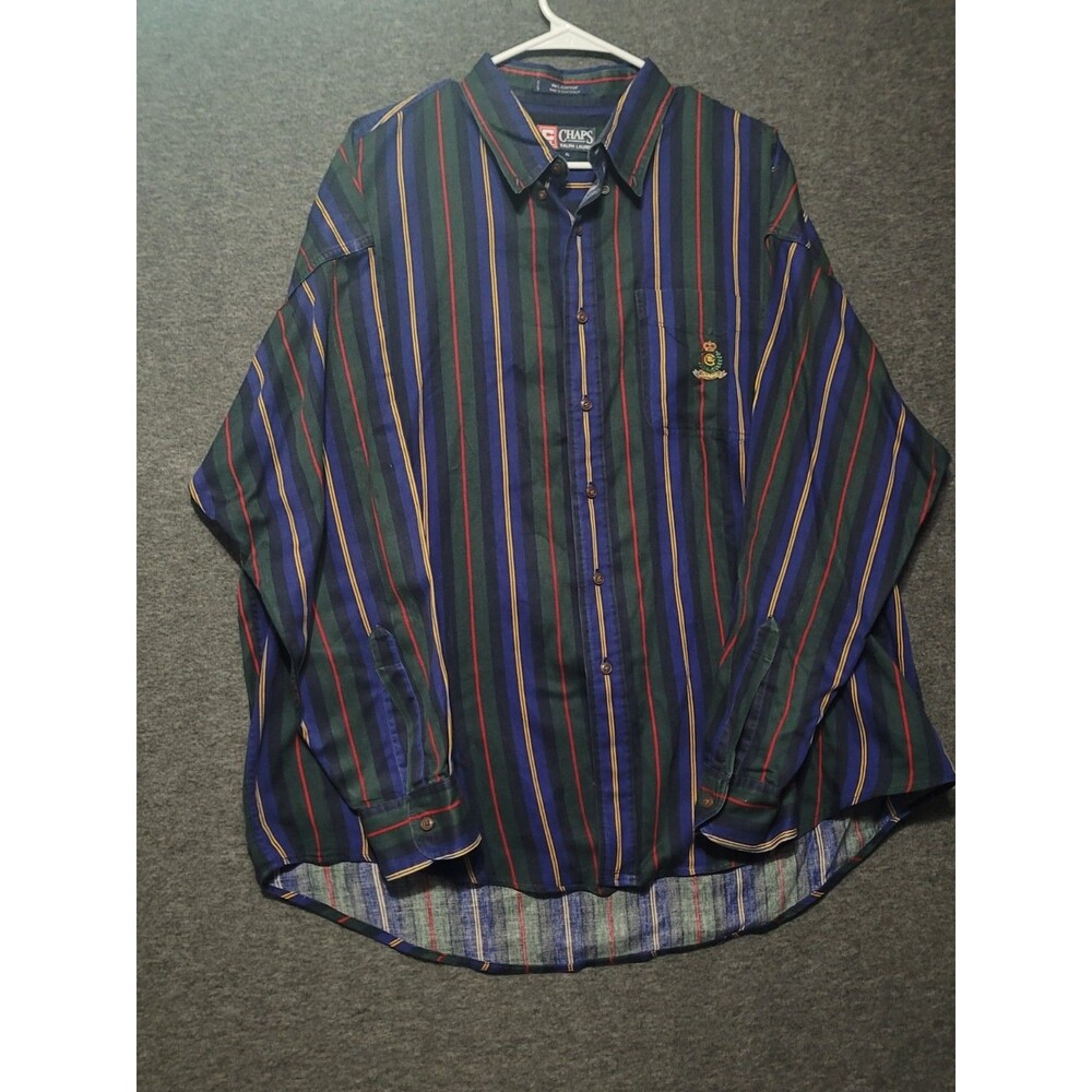 Chaps Ralph Lauren XL button front vintage shirt polo longsleeve blue green